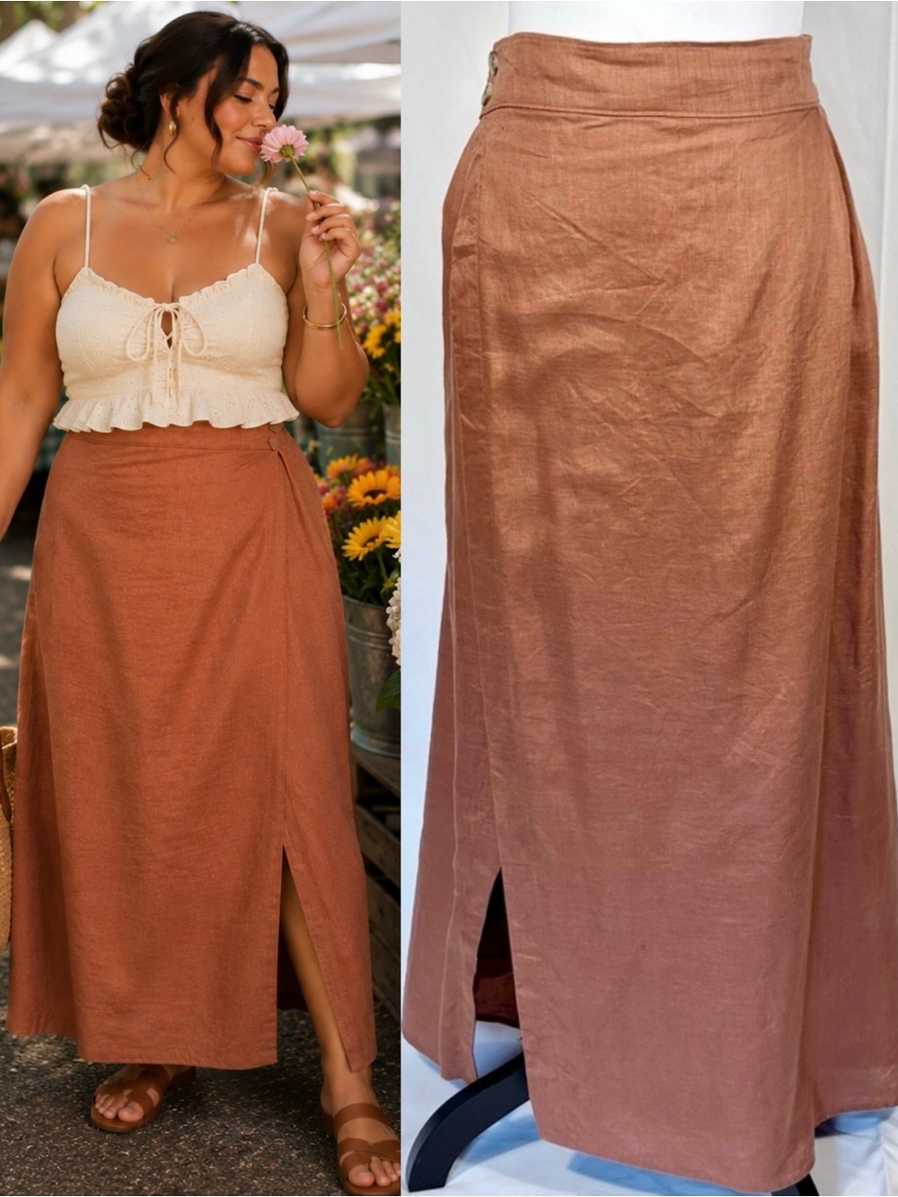By Anthropologie Linen Maxi Wrap Skirt in Rust Red Womens Size 22🧡